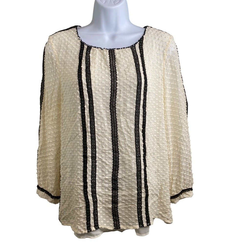 J CREW Ivory Swiss Dot Silk Blend Black Lace Trim Long Sleeve Top Sz 8 Old Money